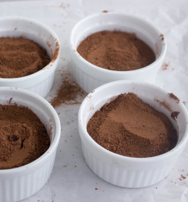 cocoa and sugar mixture in individual ramekins