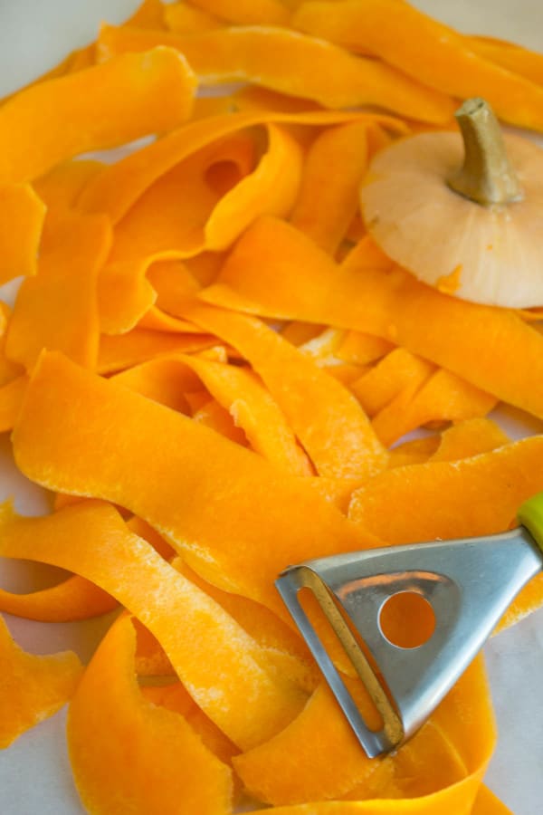 butternut squash peeled into broad ribbons for a pasta dish