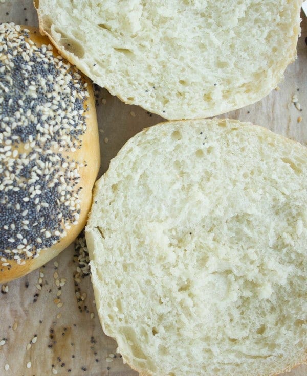 homemade Soft Burgers Buns split open to reveal tender crumb on the inside