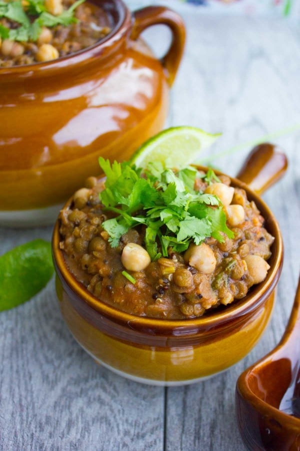 close-up of a bowl of Moroccan Lentil Beans Soup (Harira Soup)