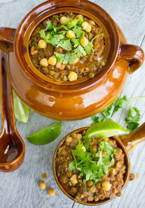 Vegetarian Moroccan Harira Soup served in two brown soup bowls