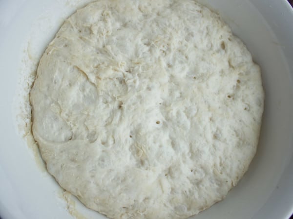 No knead overnight Pizza Dough resting in a white bowl