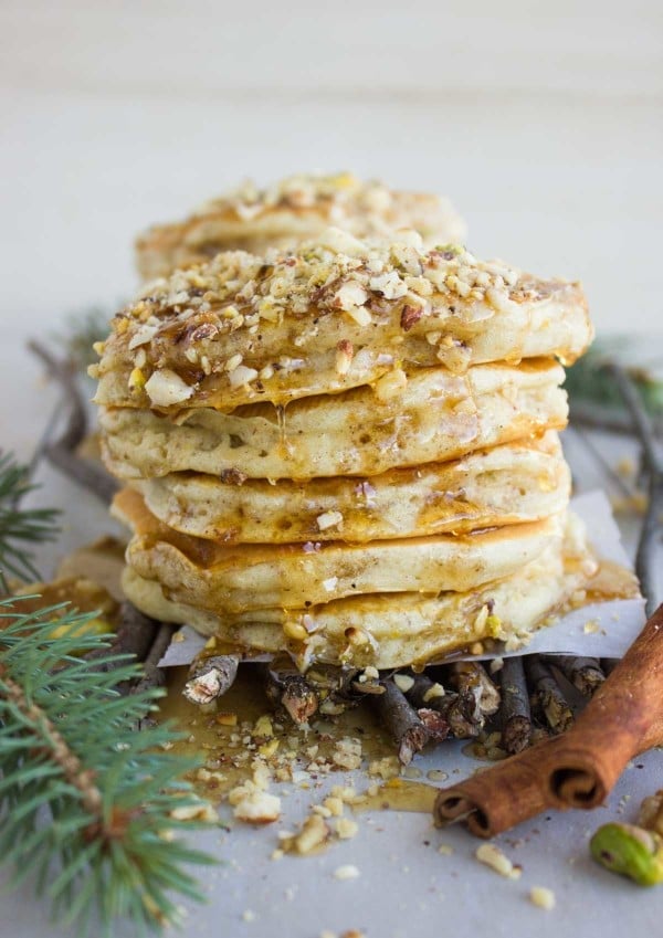 close-up of a stack of Baklava Pancakes with Maple Syrup