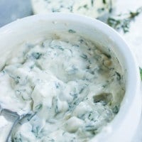 Garlic Blue Cheese Dip in a white bowl