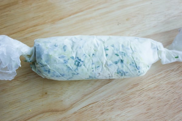 soft flavored cream cheese wrapped in wax paper to chill and firm up