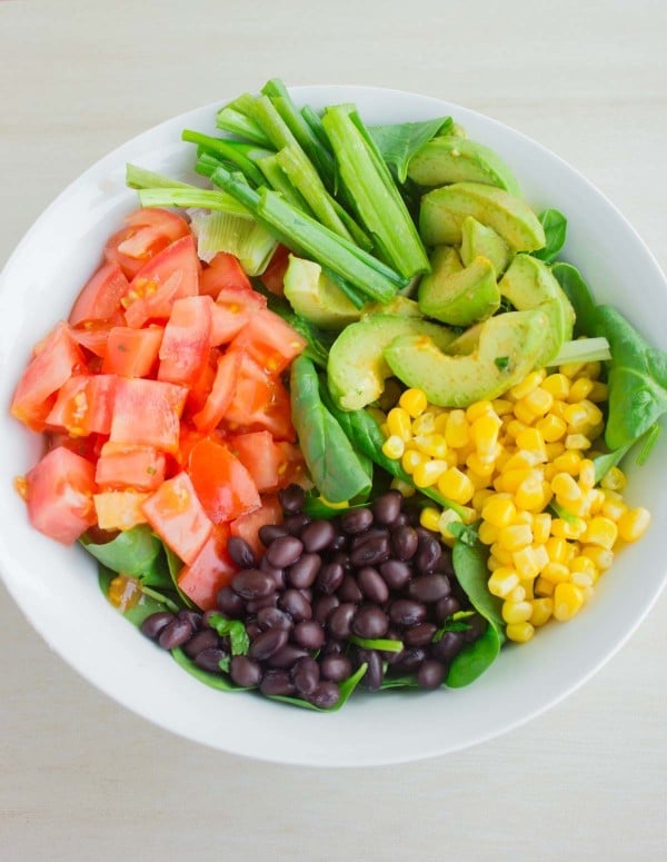 salad ingredients for shrimp salad assembled in a bowl