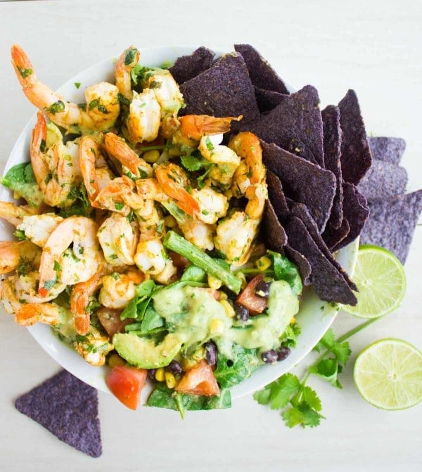 Mexican Style Shrimp Salad with Avocado Dressing and corn chips on the side