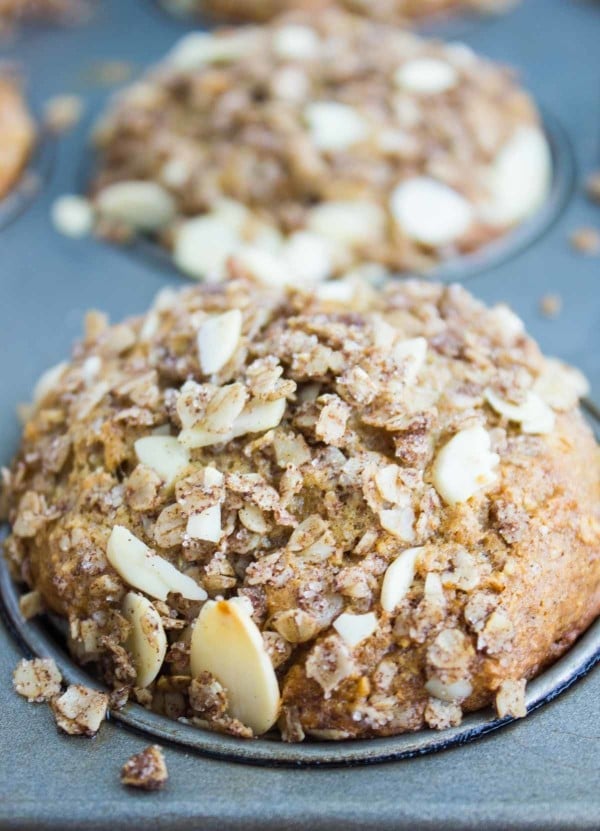 close-up of Whole Wheat Apple Cinnamon Muffins in a muffin tin