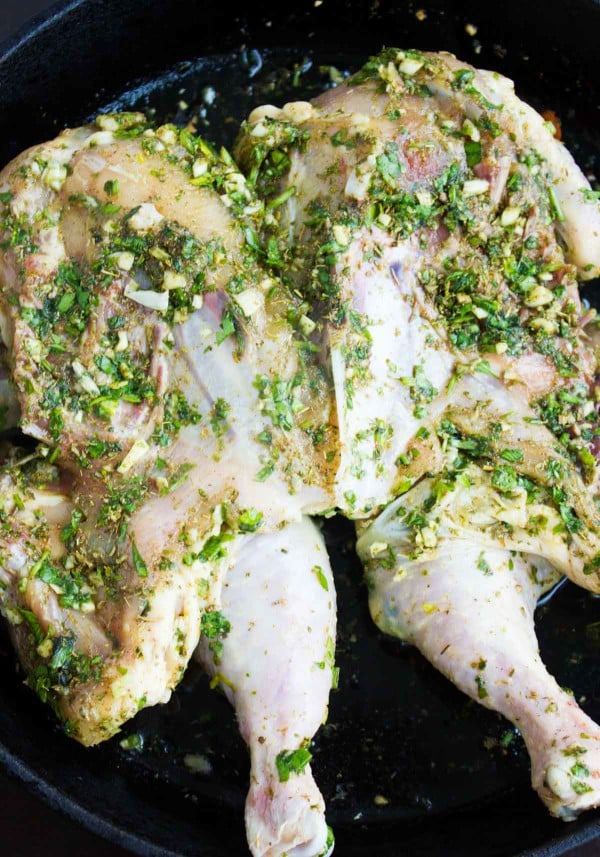 a whole butterflied chicken smothered with herb butter in a black skillet ready to be cooked