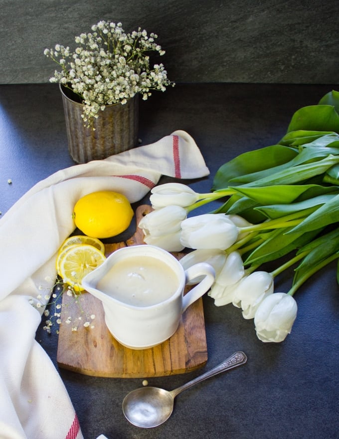 Tahini Sauce served up and ready in a pouring jar