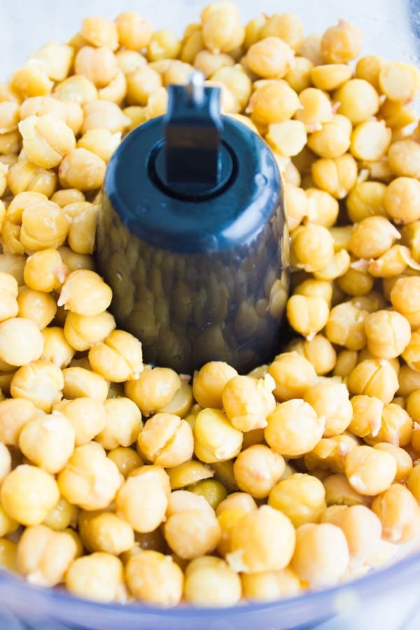 chickpeas in the bowl of a food processor