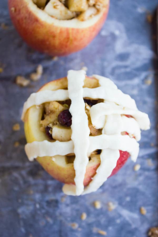 Apple Pie Stuffed Apples being topped with pie lattuce