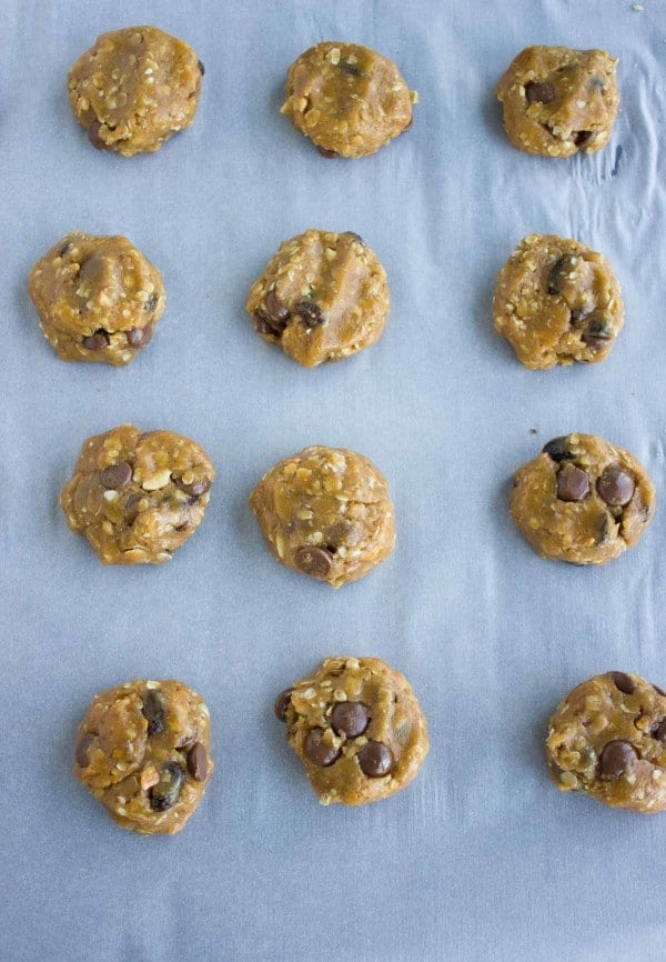 Peanut Butter Chocolate Chip Cookies on a tray ready to be baked