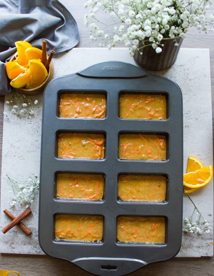 Carrot cake batter in a pan ready for the oven