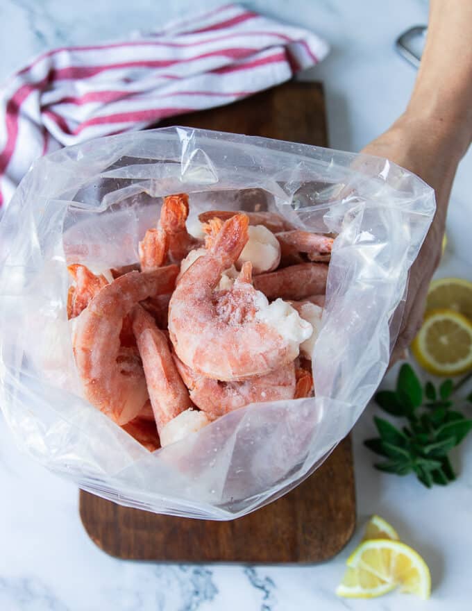 Raw shrimp in a bag used in the recipe for grilling