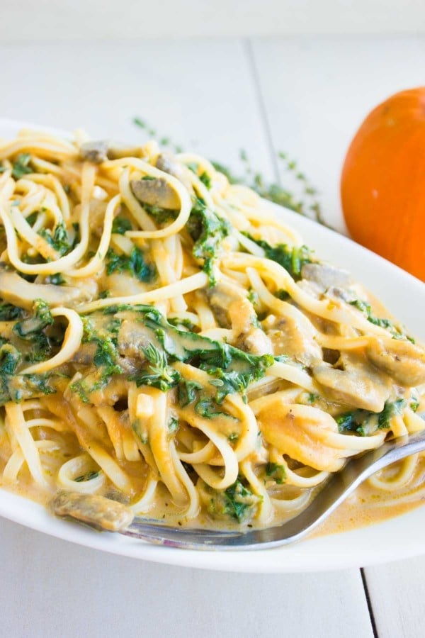 close-up in a plate of Kale Mushroom Pumpkin Alfredo Pasta