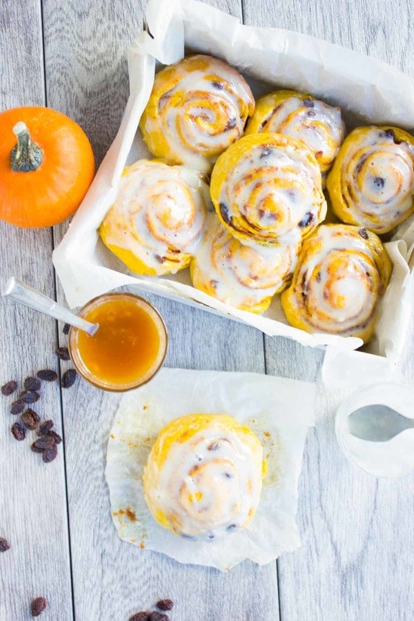 Pumpkin Cinnamon Rolls in a parchment-paper-lined box behind one roll sitting on a piece of parchment paper and some pumpkin puree on the side 