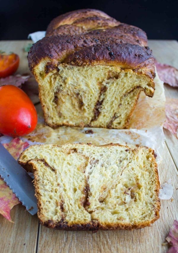 Persimmon Hazelnut Raisin Swirl Loaf. A perfect cross between a brioche and a babka only with much less butter and much more flavor! www.twopurplefigs.com