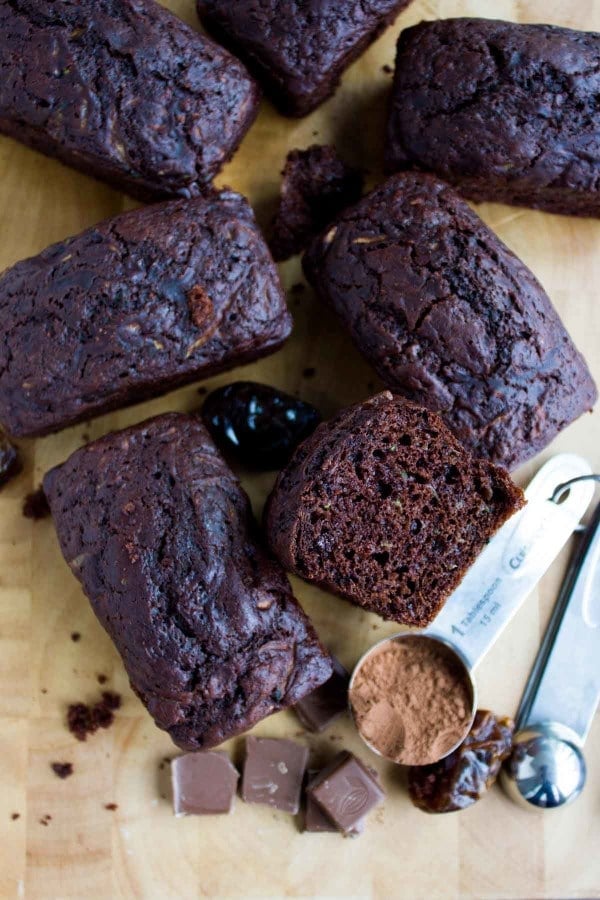 Double Chocolate Date Zucchini Bread. An absolutely intense chocolate bread that's moist, fluffy and divine! Healthy and good for you ONE bowl quick bread. Easy, satisfying and a chocoholic dream recipe--try it now! www.twopurplefigs.com