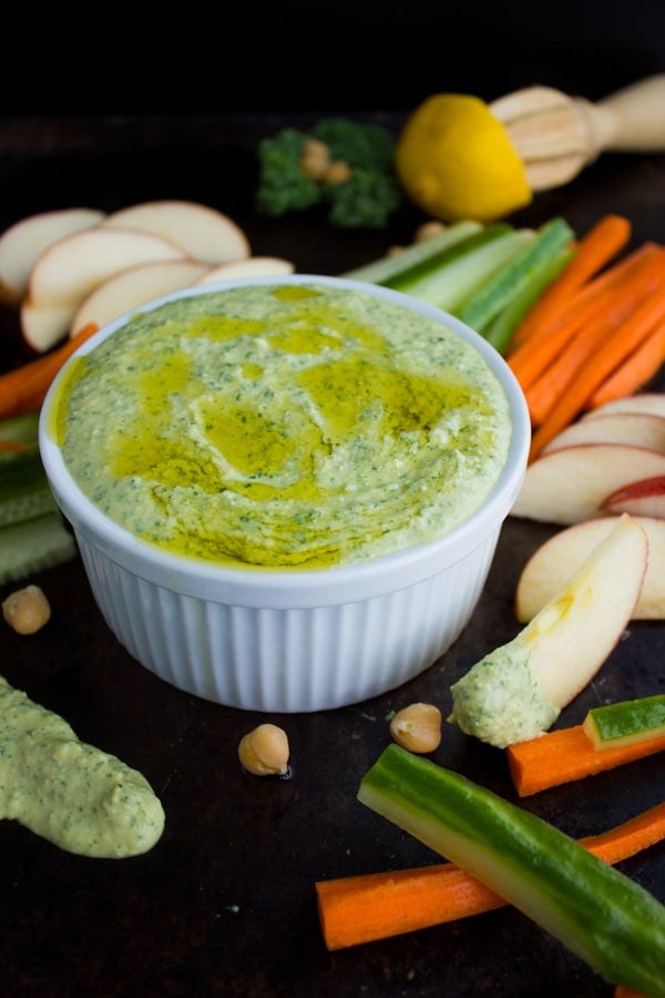 Garlic Kale Hummus Dip. Hands down the best hummus you'll every have! Smooth, creamy , vegan, gluten free and tastes delicious! www.twopurplefigs.com