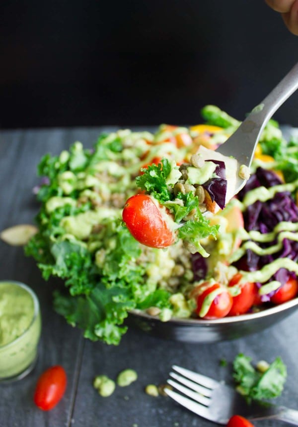 a fork full of Paleo Mexican Style Lentil Detox Salad balanced over a salad bowl