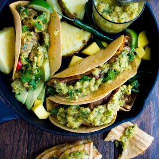 Quickest Chicken Fajita With Mango Pineapple Salsa. This is the quickest way you'll ever make fajitas--no marinades no fuss, just a load of flavor! Real healthy food from scratch in mins for the busy days--Get the recipe and twist it up for a different variety fajita every time! www.twopurplefigs.com