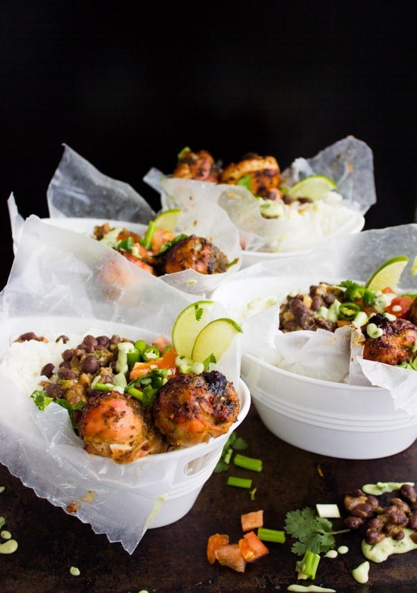 Cuban Black Beans Chicken and Rice served in four paper cups