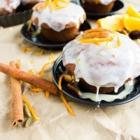 Orange Chai Spice Date Muffins. Hearty whole wheat fibre goodness muffins sweetened with dates and spiked with chai spice. Add in nuts, coconuts, raising, chocolate chips or your favorite! Glaze it with orange glaze and get the recipe for this delicious tasting power muffin which you can make vegan! www.twopurplefigs.com