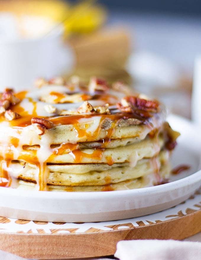 close up of one stack of cinnamon  pancakes recipe