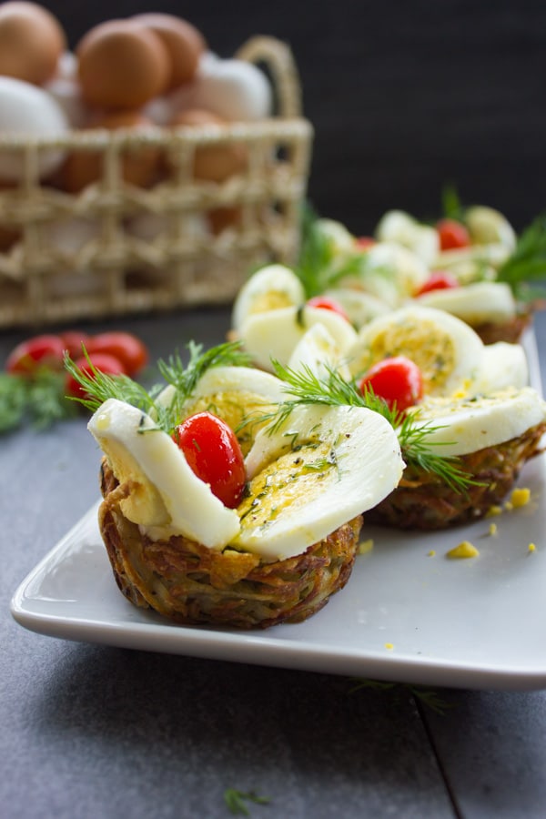 side view of a plate of Easter Egg Tart Potato Nests
