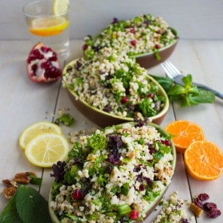 Mixed Grain Kale Citrus Salad. A zesty vibrant fresh salad you can serve warm, cold, picnic day, busy day or for lunch next day! Perfectly Vegan and loaded with grain goodness! Get the recipe for this salad and a citrus salad dressing you'll make over and over again! www.twopurplefigs.com