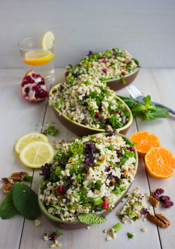 Mixed Grain Kale Citrus Salad. A zesty vibrant fresh salad you can serve warm, cold, picnic day, busy day or for lunch next day! Perfectly Vegan and loaded with grain goodness! Get the recipe for this salad and a citrus salad dressing you'll make over and over again! www.twopurplefigs.com