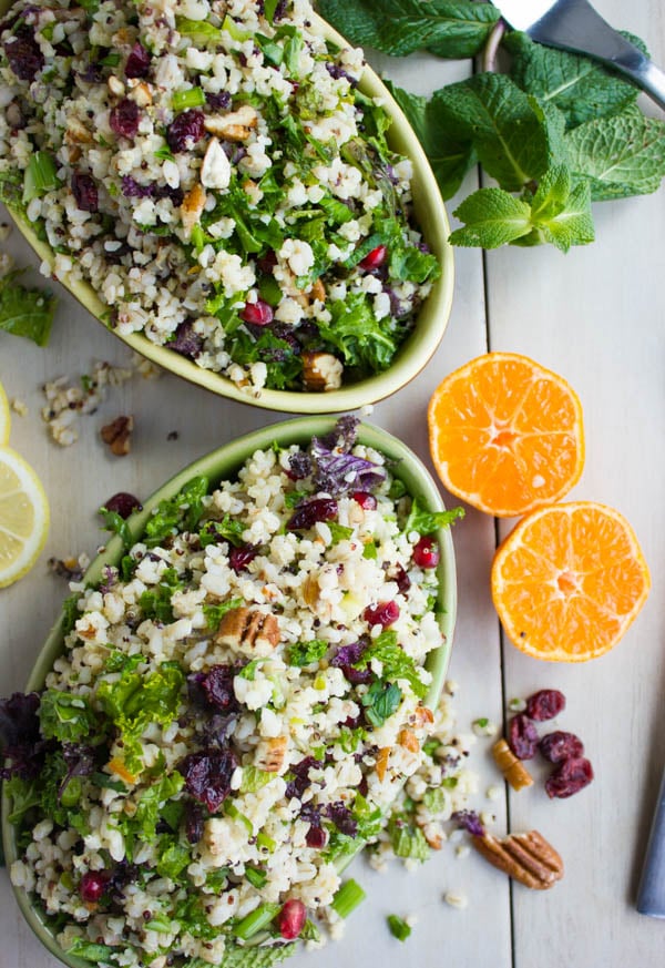 Mixed Grain Kale Citrus Salad. A zesty vibrant fresh salad you can serve warm, cold, picnic day, busy day or for lunch next day! Perfectly Vegan and loaded with grain goodness! Get the recipe for this salad and a citrus salad dressing you'll make over and over again! www.twopurplefigs.com