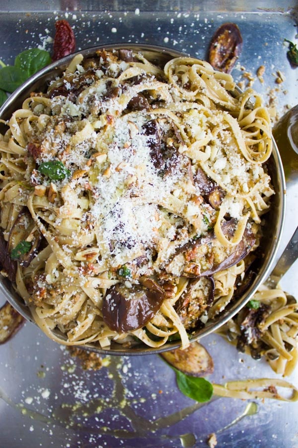 Skinny Eggplant Parmesan Pasta topped with grated parmesan served in a big bowl