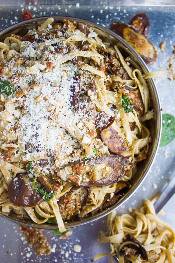 Skinny Eggplant Parmesan Pasta sprinkled with grated parmesan served in a big bowl 