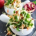 Coleslaw with Kale Apple Pomegranate. Easy, Light, Refreshing, Zesty, Crunchy, Sweet and Satisfying! Vegan, Gluten Free, Healthy and SO good slaw that makes a perfect picnic, BBQ, potluck salad! Don't miss this recipe!