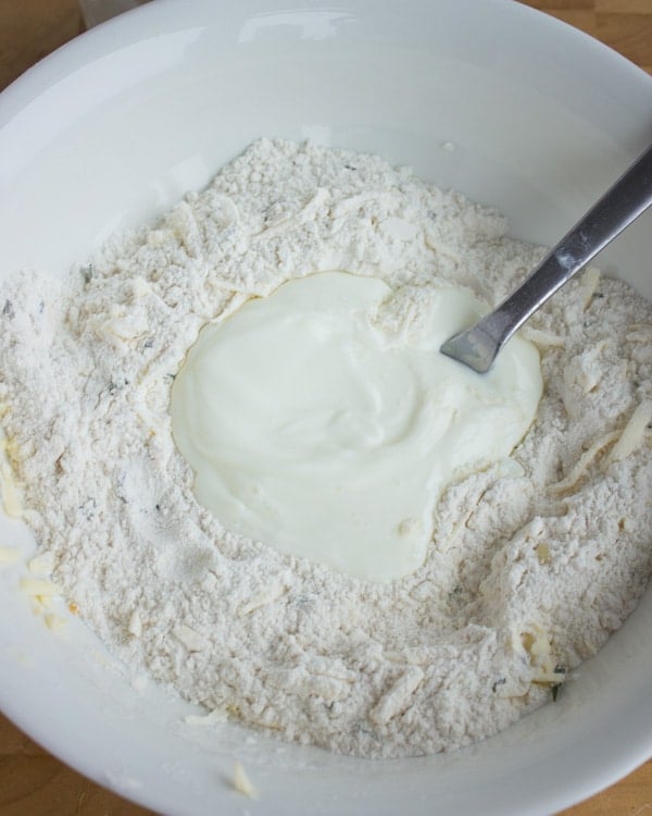 biscuit ingredients gathered in a mixing bowl