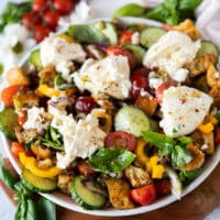 close up of the finished panzanella salad with dressing and some burrata cheese on top