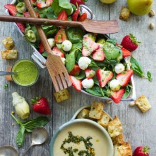 Strawberry Spinach Salad & Artichoke Soup Brunch. The perfect seasonal brunch/lunch to make in 30 mins! Light, healthy and super YUMMY! Easily made vegan too! www.twopurplefigs.com