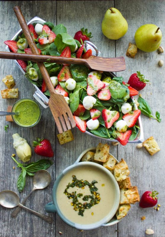 Strawberry Spinach Salad & Artichoke Soup Brunch. The perfect seasonal brunch/lunch to make in 30 mins! Light, healthy and super YUMMY! Easily made vegan too! www.twopurplefigs.com