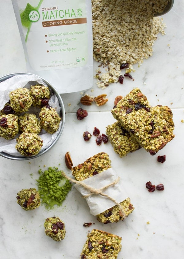 overhead of Banana Matcha Energy Bites and granola bars