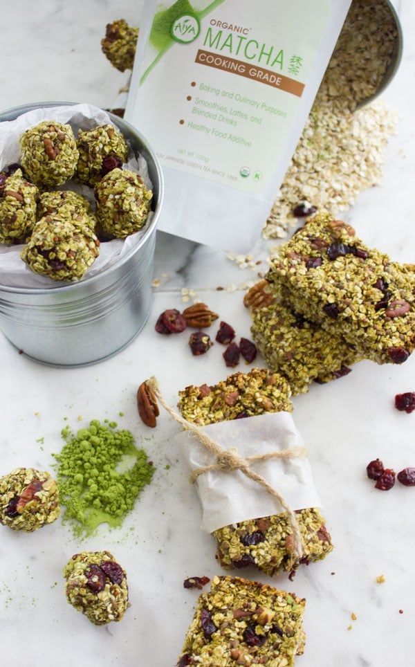 Banana Matcha Energy Bites shaped into granola bars and balls