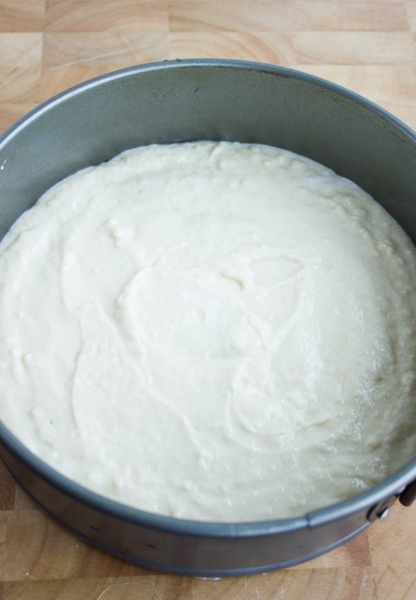 Overhead shot of unbaked Vanilla Cheesecake in a spring-form pan