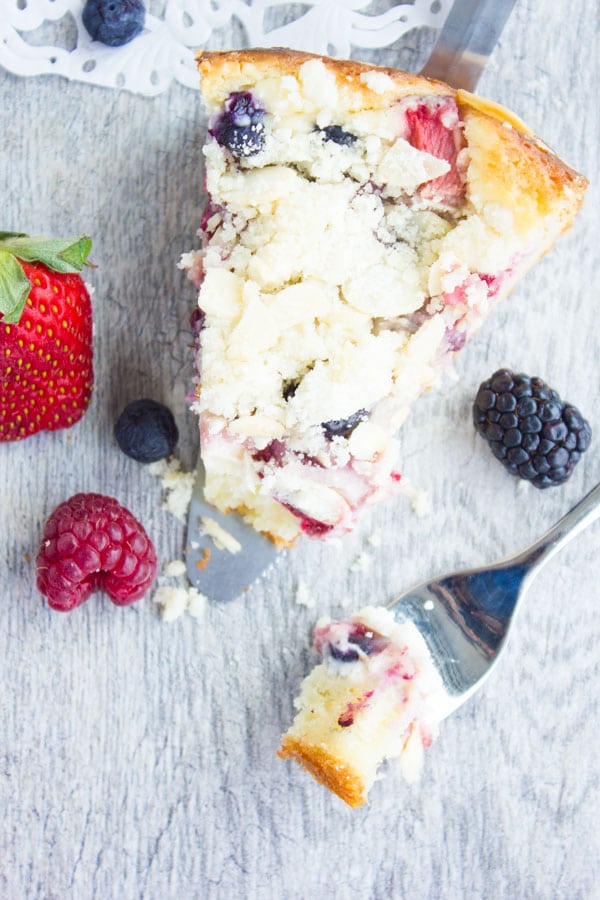Close-up of a slice of Cheesecake Streusel Raspberry Cake on a cake lifter and a bite of cake on a fork with some fresh berries surrounding it