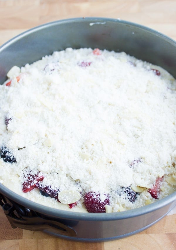 unbaked Raspberry Cake with Streusel topping ready to go into the oven