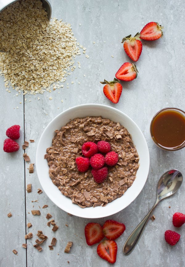 Chocolate Oatmeal Breakfast Bowl. the best way to start your morning--filling, healthy, let chocolate-y--get the recipe with ideas and tips to make this into a healthy breakfast bowl or a chocolate dessert! www.twopurplefigs.com