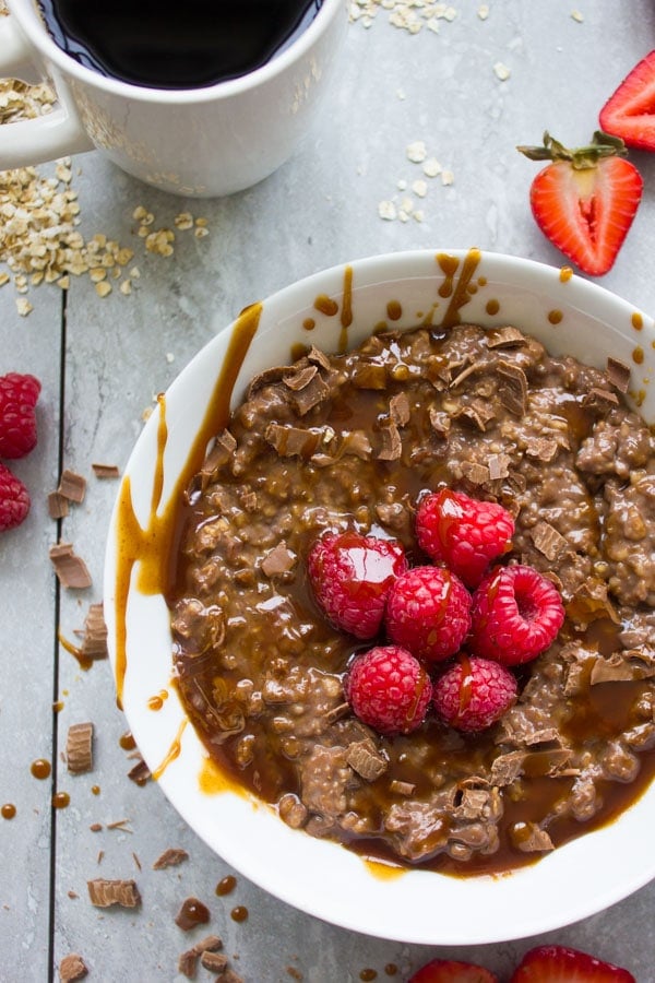 Chocolate Oatmeal Breakfast Bowl. the best way to start your morning--filling, healthy, let chocolate-y--get the recipe with ideas and tips to make this into a healthy breakfast bowl or a chocolate dessert! www.twopurplefigs.com