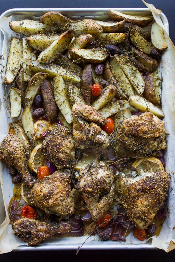 One Pan Chicken Potato Bake With Zaatar fresh out of the oven on a tray