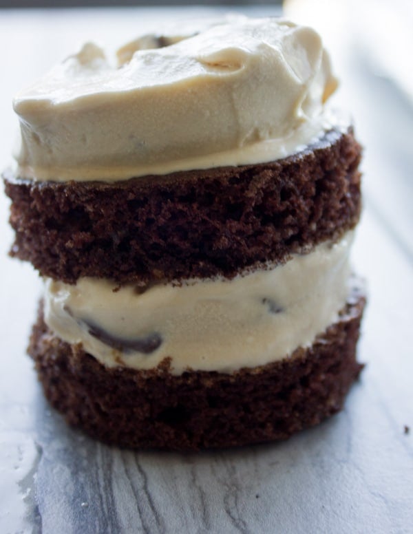 a mini ice cream cake with chocolate sponge and salted caramel ice cream