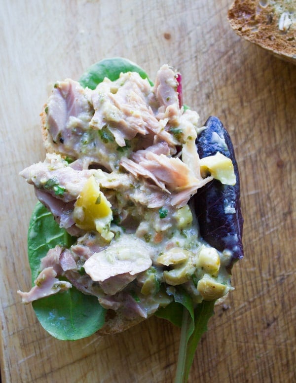 an open Spicy Chunky Tuna Sandwich topped with mayo-free tuna salad